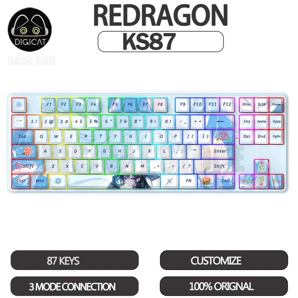 Redragon KS87 Mechanická klávesnica 3Mode USB/2,4G/Bluetooth Wireless Anime Keyboard RGB Prispôsobená herná klávesnica Girl's Darček