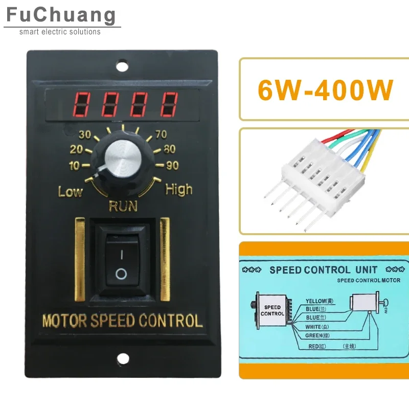 Regulátor rýchlosti UX-52 LED displej AC 220V Rýchlosť motora 6 W až 400 W s filtračným kondenzátorom vpred a dozadu 50/60 Hz
