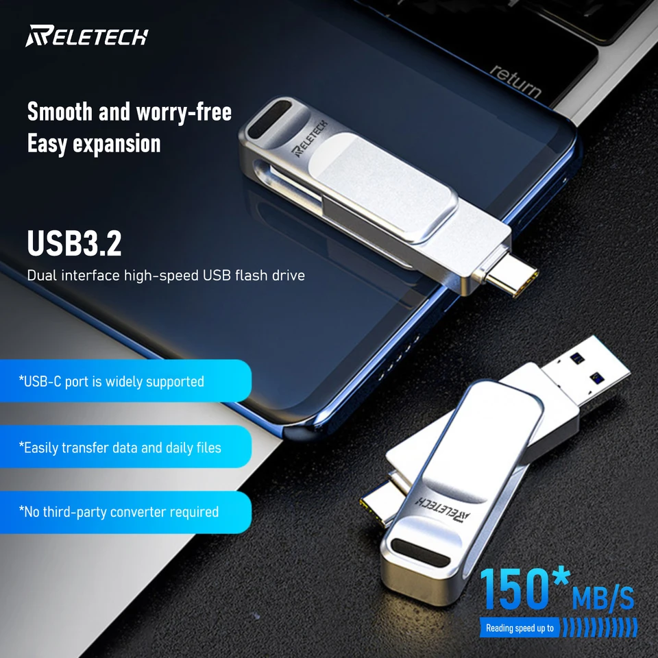 Reletech Z20 360 stupňov Rotácia Prenosná jednotka solídneho stavu 32 GB 64 GB 128 GB USB3.1 Kompatibilný pre mobilný telefón prenosných počítačov pre laptop