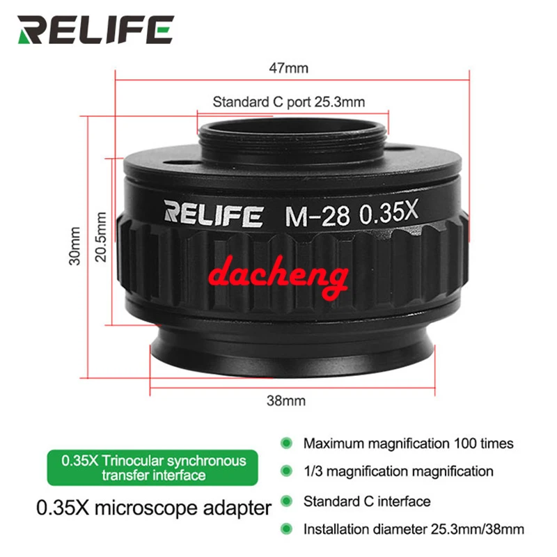 Relife Micoscope Adaptér M28 CVT 0,5x 150x, M-21 M22 0,5x Mikroskopový objektív, objektív odolných voči prachom, zdroj svetla, Relife M-25