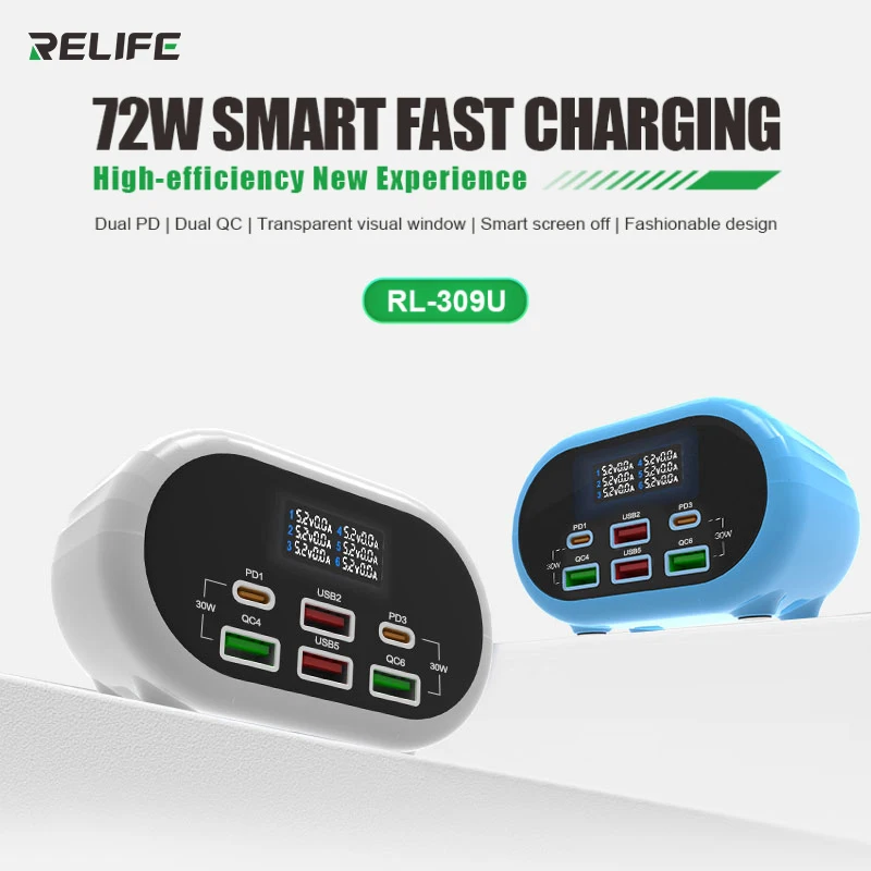 Relife RL-309U 6-port nabíjačka Dual PD/Dual QC 72W Smart Fast Rýchle nabíjanie pre rôzne mobilné telefóny a elektronické zariadenia