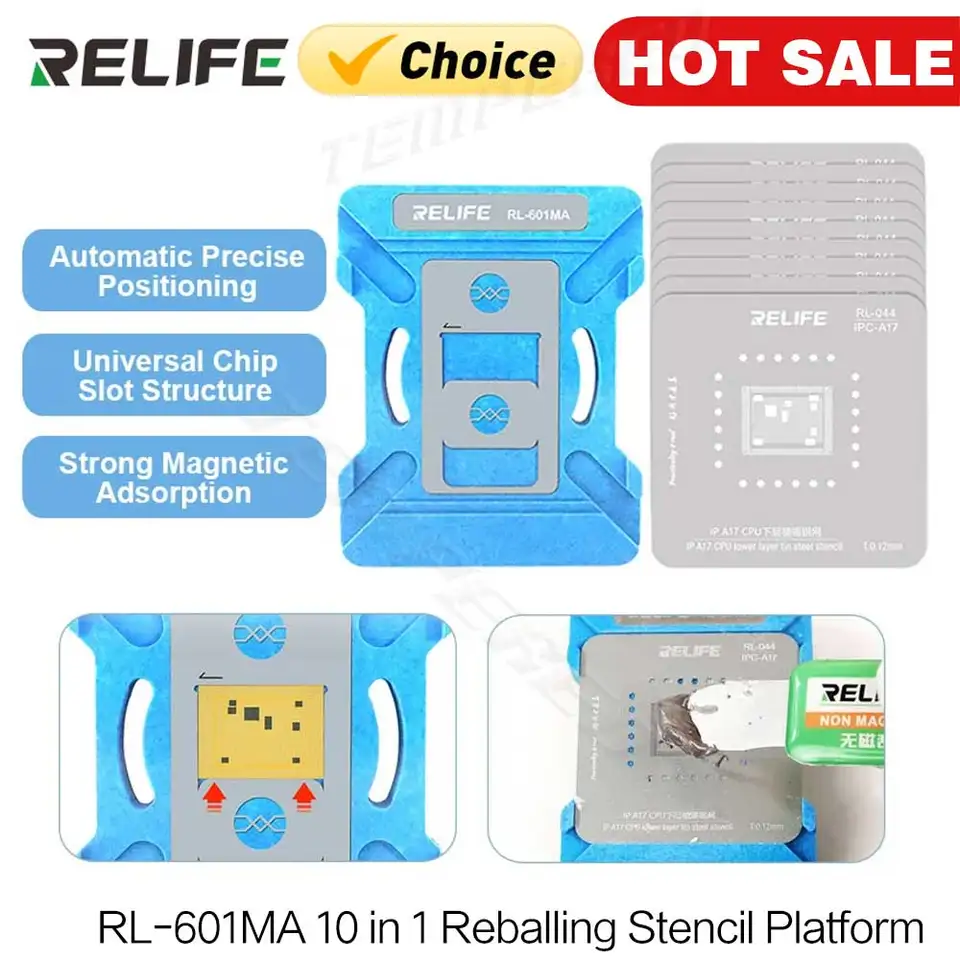 Relife RL-601MA 10 v 1 Univerzálny procesorový procesor pre guľôčku šablón pre A8-A17 IP6 ~ 15 Pro Max IC Chip Planting Tin Tin