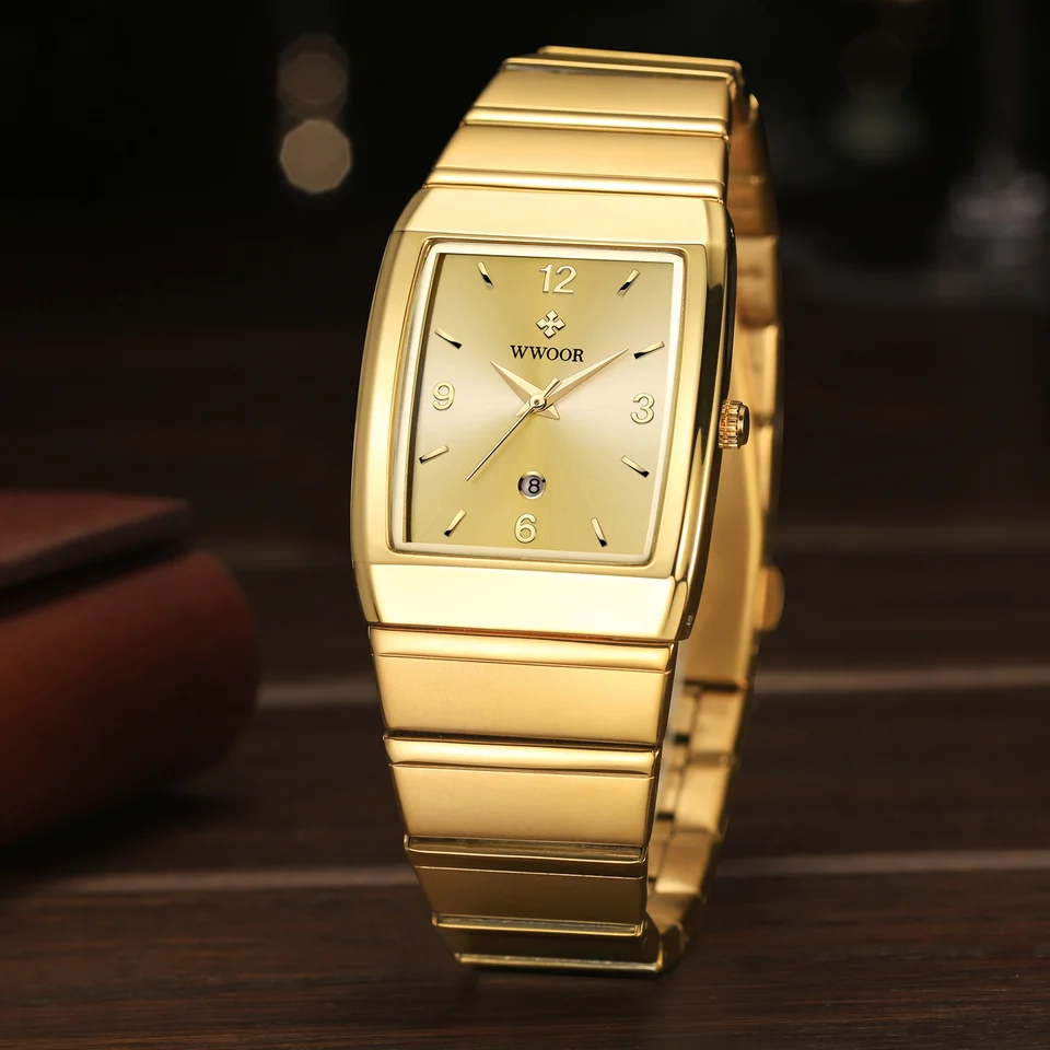 Relogio Masculino Wwoor New Man's Square Watch for Men s automatickým dátumom luxusnej z nehrdzavejúcej ocele zlato pánske náramky zápästie zápästia