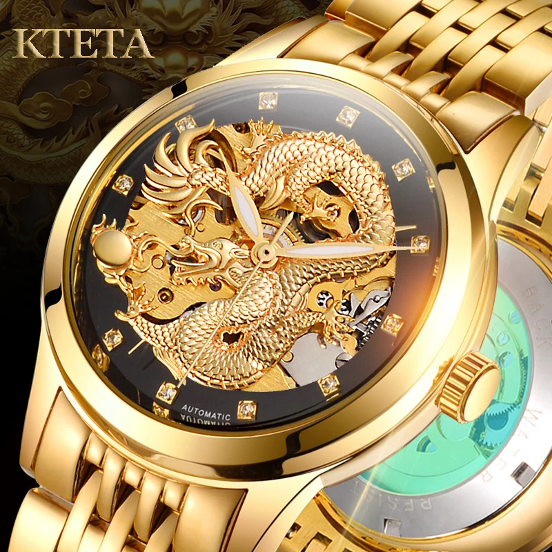 Reloj Hombre Dragon Skeleton Automatické mechanické hodinky pre mužov Watch Watch Watch Oceľový remienok zlaté hodiny 50 m vodotesný samec Hodinky