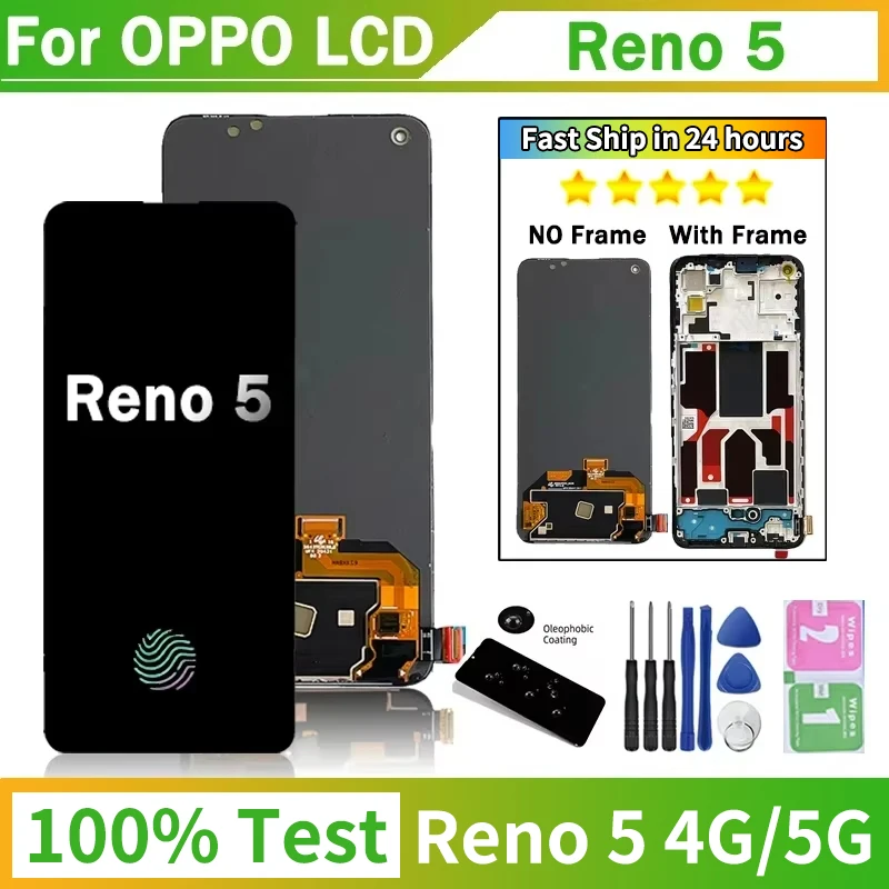Reno 5 zobrazovacia obrazovka pre OPPO Reno5 4G CPH2159 Digitalizátor dotykového panela Display Panel pre Reno5 5G CPH2145 Displej odtlačky prsta