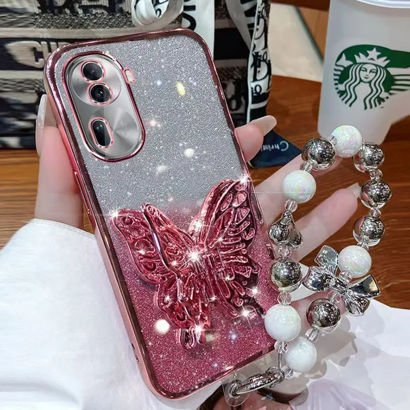 Reno11 5G Luxusný 3D Motýľový držiak na držiak pre prípad Oppo Reno11 Reno10 Reno12 Pro + Strachproof Cover Glitter Case s Lanyardom