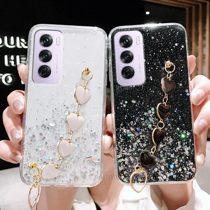 Reno12pro Love Heart Wrist Retiad Silikone Case On pre Oppo Reno 12 11 10 Reno12 Pro Plus Reno11 Reno10 Náramok A58 A78 4G