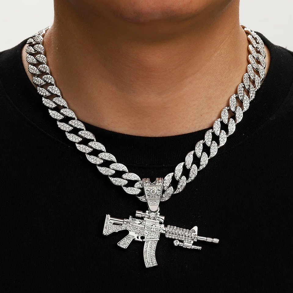 Renqing Hip Hop Full Vŕtačka Shot Gun zliatiny Collokácia 15 mm kubánsky reťazec Náhrdelník Pánske náhrdelník