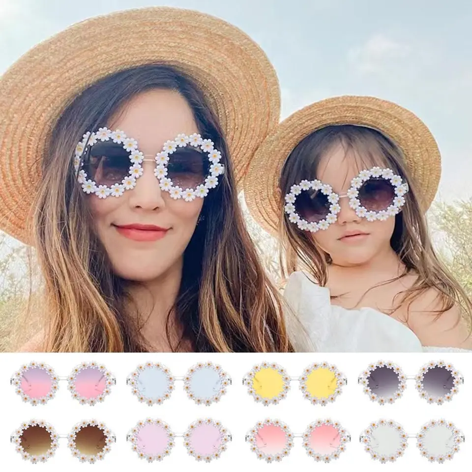 Retro Daisy Flower Slnečné okuliare pre dospelých a deti okrúhle rámové okuliare Módne vtipné festivalové okuliare Shades Slnečné okuliare
