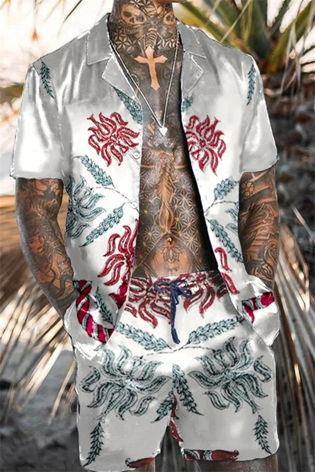 Retro etnický štýl Tlačené košele Dvojdielne letné pánske košele s krátkym rukávom Set Casy Beach Prázdniny Pánske oblečenie Tops Set