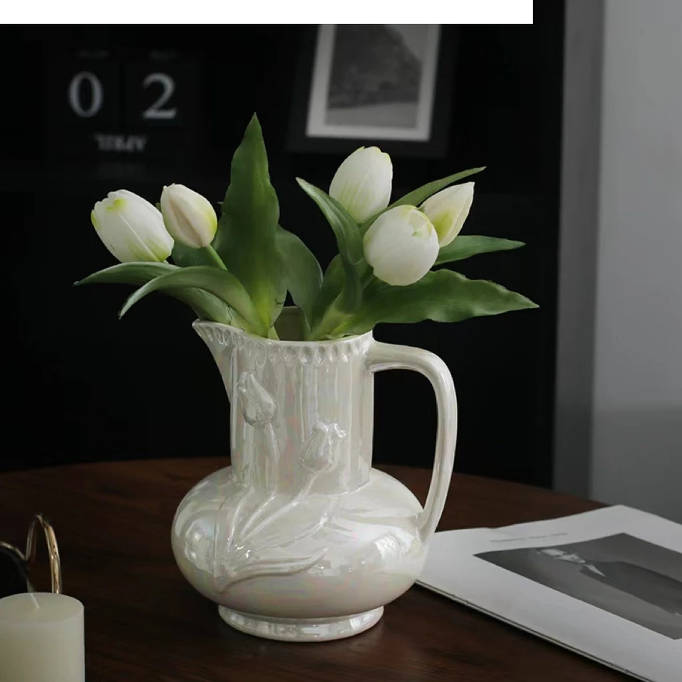 Retro európska keramická váza Pearlescent reliéf Luster Kettle Tvar kvetinového usporiadania príslušenstvo Hydroponika kvetina hrnca