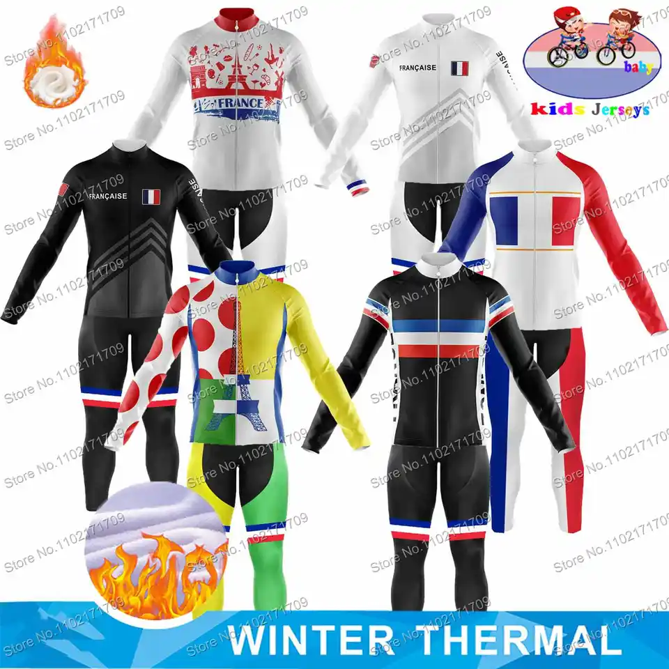 Retro France Tour Cycling Team Jersey Deti Set Winter Thermal Fleece Boys and Girls Bicycle Clothing