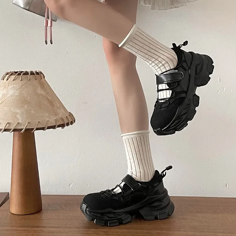 Retro hrubé spodné topánky Mary Jane Ženy Nové módne päty dámske tenisky Čierna šedá Zvyšovanie plytkých jednostranných topánok