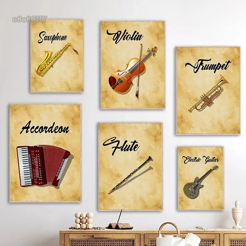 Retro hudobné nástroje nástenné umenie husle akordeón Saxofón Canvas výtlačky pre domáci dekor