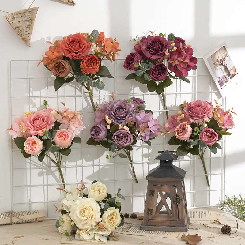 Retro hydrangea jadro falošná pivonka kytica simulácia veľkoobchodné svadobné schodisko dekoratívne umelé kvety hodvábne kvety