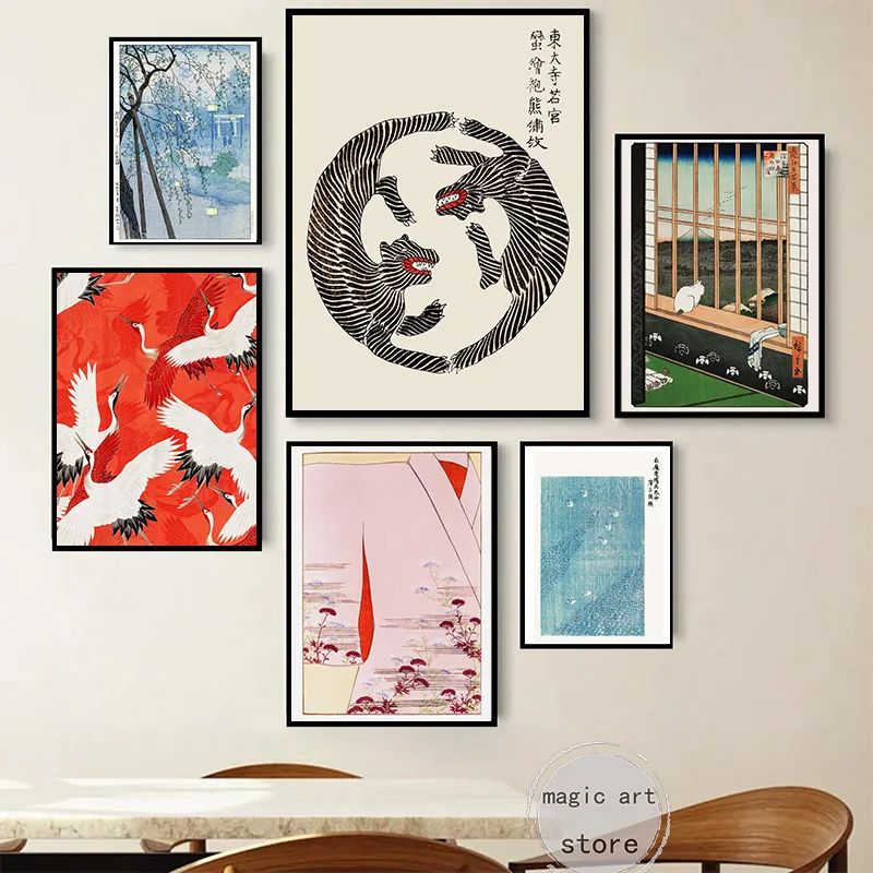 Retro japonské žeriavy vtáky od Taguchi Tomoki Krajina ukiyoe umenia plagát plátno maľba nástenné výtlačky Obrázok
