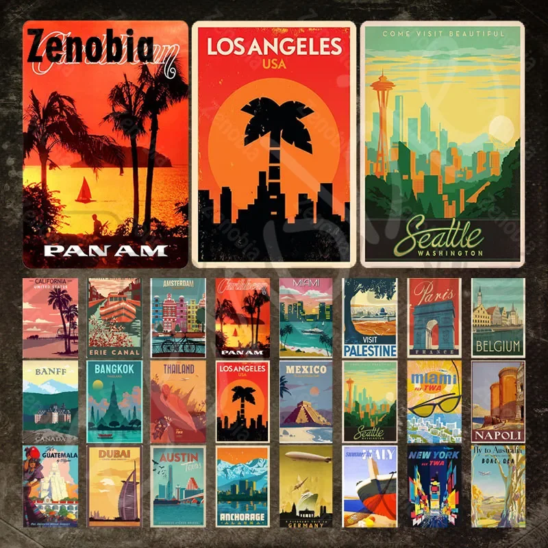 Retro kovové dosky cestovanie vintage cínovými znakmi názvy vidieckych kovových značiek Los Angeles Seattle a Mexiko kovové plakety Domáce dekorácie