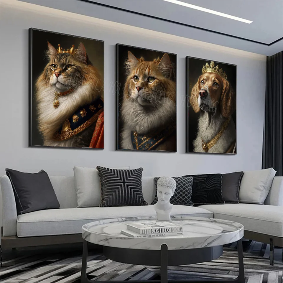 Retro kráľovský štýl zvieratá Cat Dog King and Queen Art Poste Plagát HD Plagáty Domáce izba Bar Cafe Decor Art Wall maľba Obrázok