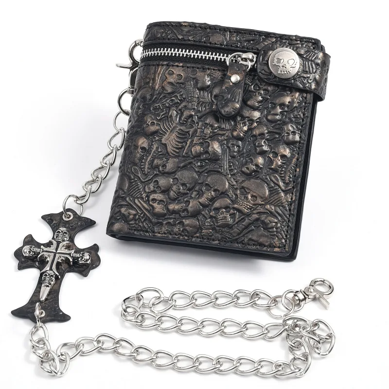 Retro lebka Nivets Pánska kožená peňaženka PUN Punk Metal Chain Peňaženka zipsová spojka peňaženka peňaženka Peniaze Zložená kabelka