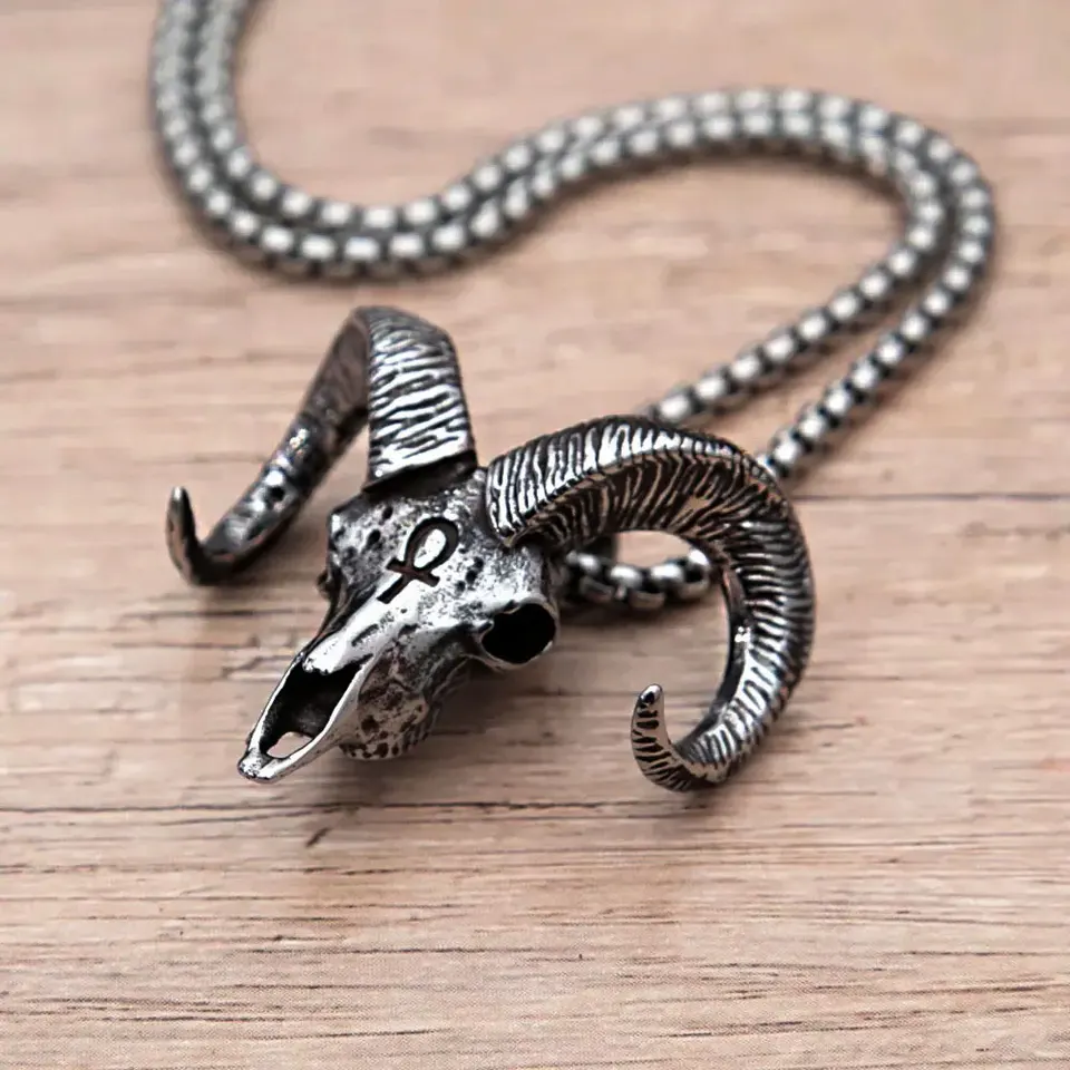 Retro Lucifer Satanic Goat Head lebka Prívesok Náhrdelník z nehrdzavejúcej ocele Ankh kríž Pan God God lebka náhrdelník Punk gotické šperky