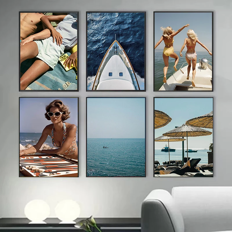 Retro luxusná jachta vysoká spoločnosť letná dovolenka Seascape Photography Plagát plagát maľba nástenné umelecké obrázky domáce dekorácie