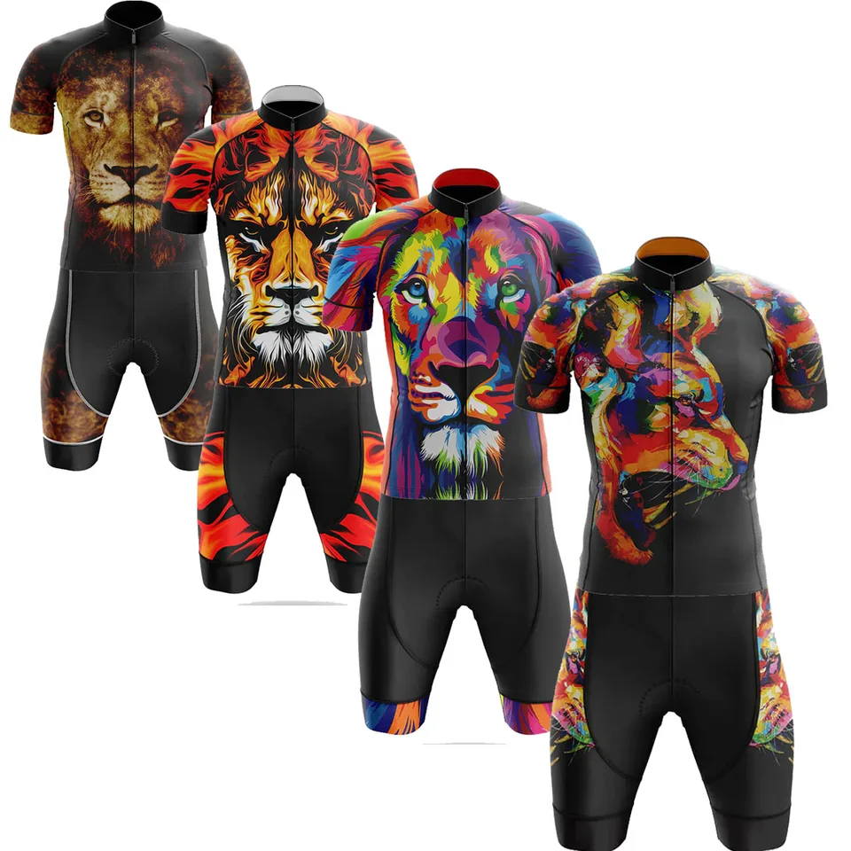 Retro maľba leva cyklistický dres set viacdesiaty maľba cyklistického oblečenia Čierne letné košele na bicykli