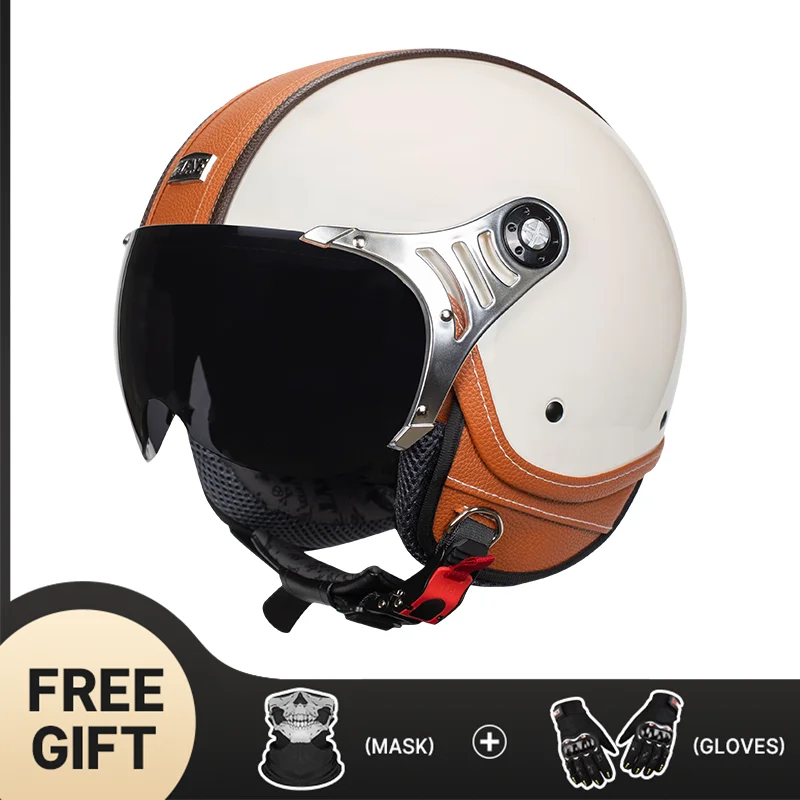 Retro motocyklová prilba pre cyklistiku Half Half Helmu Men a ženy pedálové elektrické skúter Lightweight Troj štvrť štvrťroková prilba s rukavicami