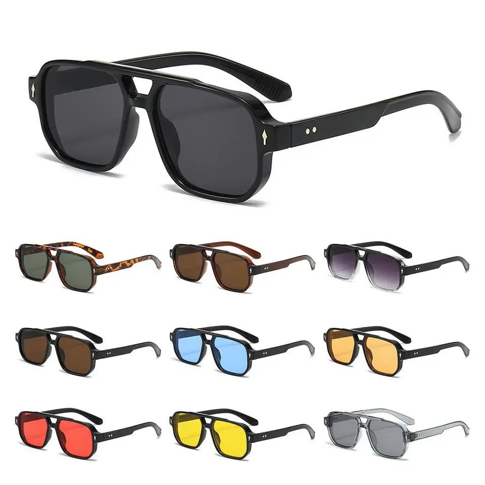 Retro mužské slnečné okuliare Dvojité most UV400 Ochrana Nivets Sun Gula Glasses Square Driving Business Slnečné okuliare pre ženy