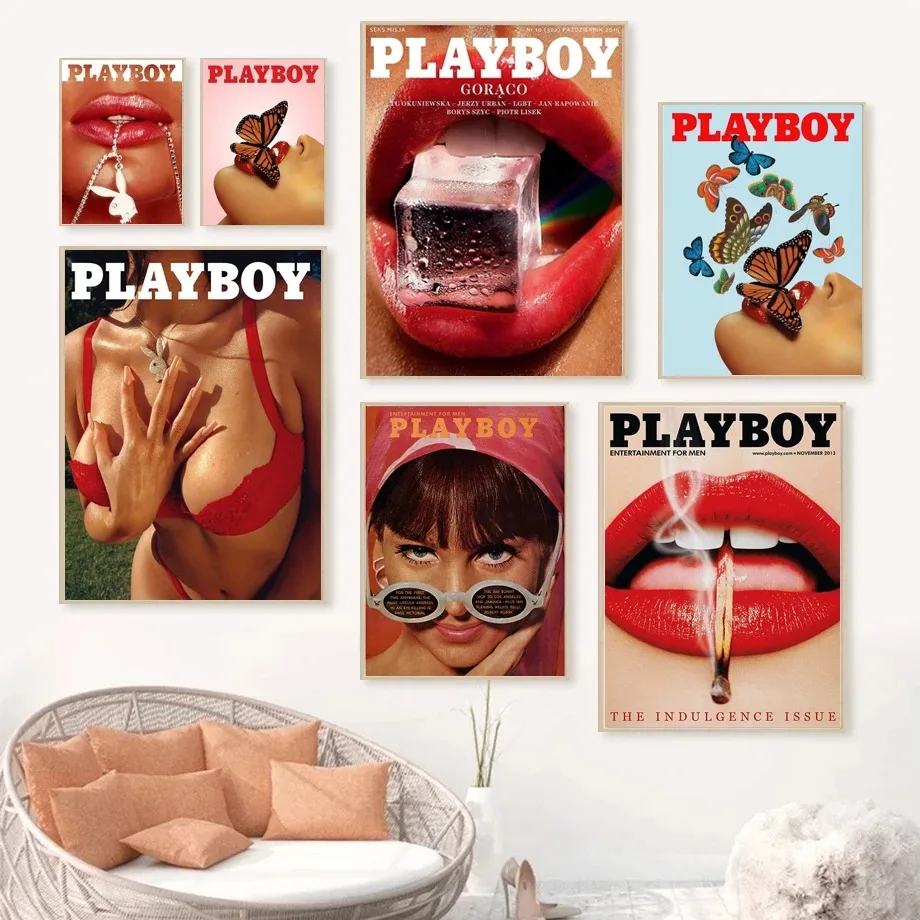 Retro módny plagát Play Boy Flowers Bunny Bunny Okuliare motýle červené pery plátno maľba výtlačky nástenné umenie Obrázok Domovod