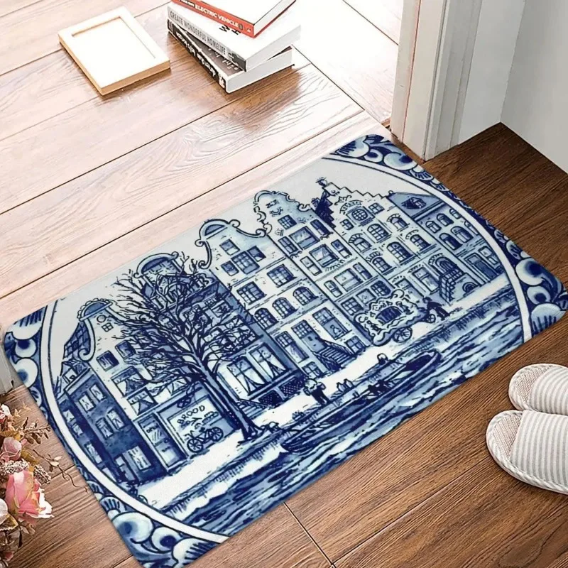 Retro nekĺzavý koberec obývacia izba obývacia izba MATCH BLUE DELFT VINTAGE LOATS V CANAL AMSTERDAM PRÍSLUŠENIE PRÍSLUŠENSTVA Koberec DOM DOMORATIVE