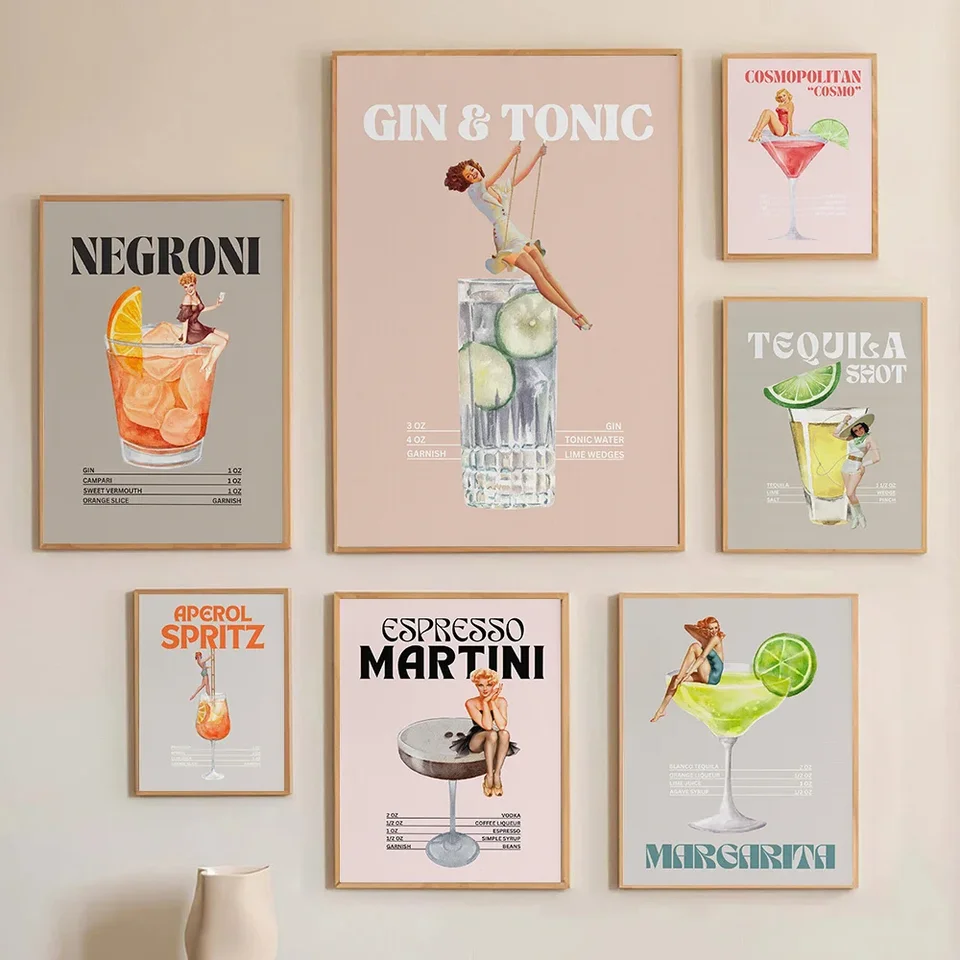 Retro nápoj koktail s cowgirl plagát whisky gin a tonic Mojito Canvas Painting Wall Art Pictures domáci bar