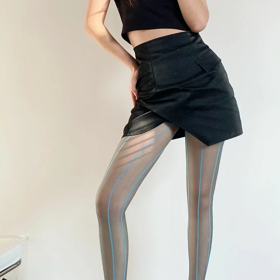 Retro pančuchy sexy modré hodvábne pančucháče japonské lolita vertikálne pruhované pšeničné zrno ultra tenké cosplay dizajnérske pančuchy Ženy