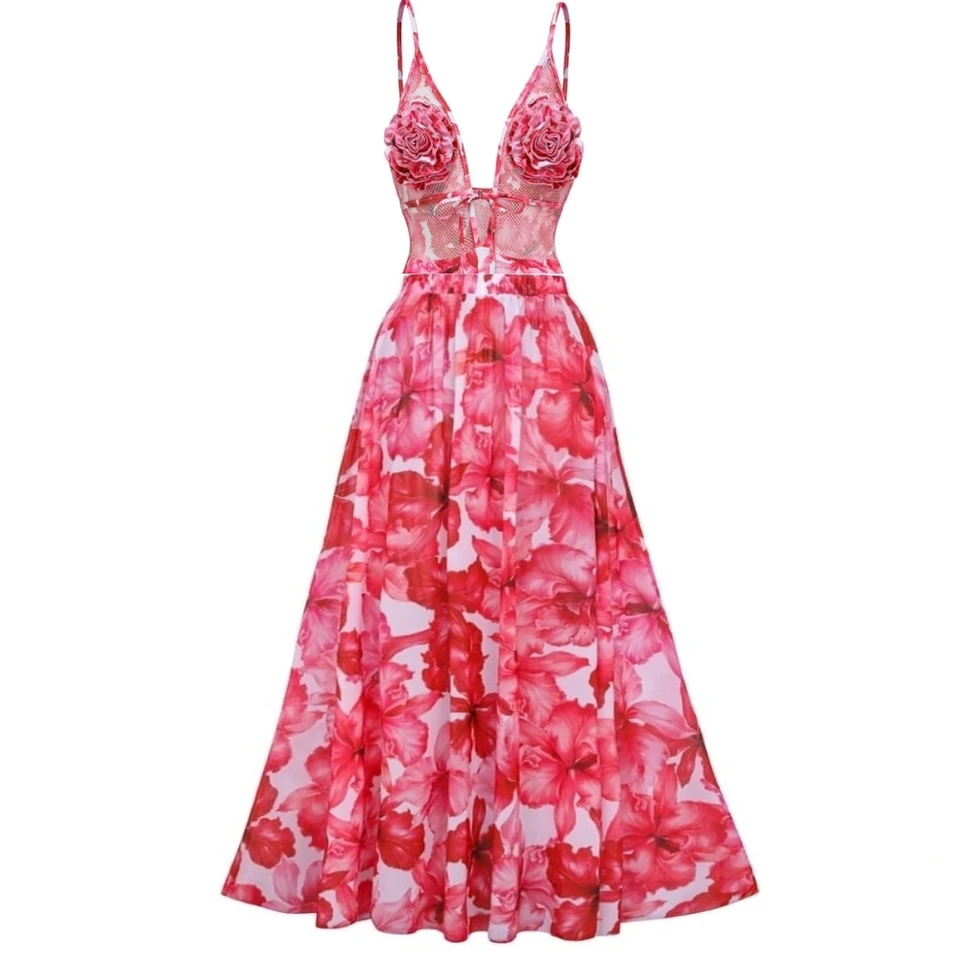 Retro Pink Bikini Flower Print Fashion Móda One Pievky a zakrytie sukne Tesné dámske bandážové letné pláž luxusné elegantné elegantné