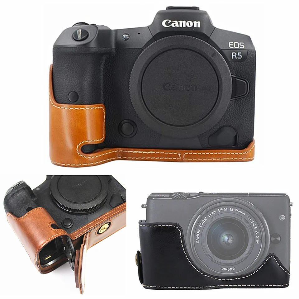 Retro pu kožené kamery vrecko s polovičným telom základný kryt Canon EOS R5 R6 R7 R10 R6 Mark II