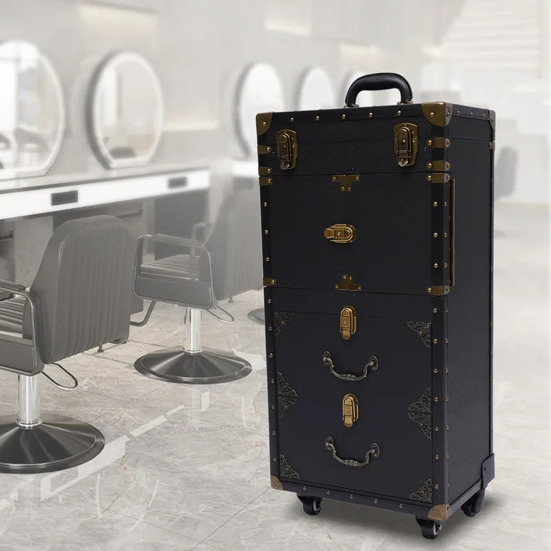 Retro Pull Rod Beauty Salon Toolbox Lockable Makeup Trolley Auxiliary CARTHIRDRESSING CART s kolesami