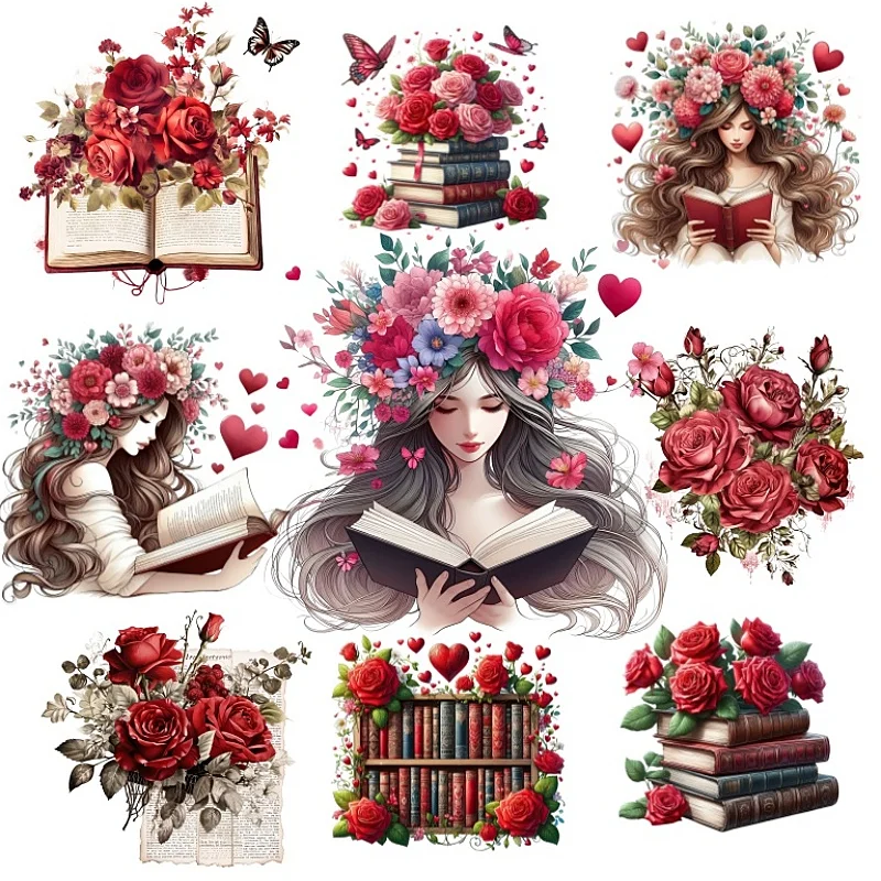 Retro Red Rose Book Reading Girl Girl Stickers Crafts and Scrapbooking Stickers Kids Hračky knihy Dekoratívne nálepky DIY kancelárske potreby