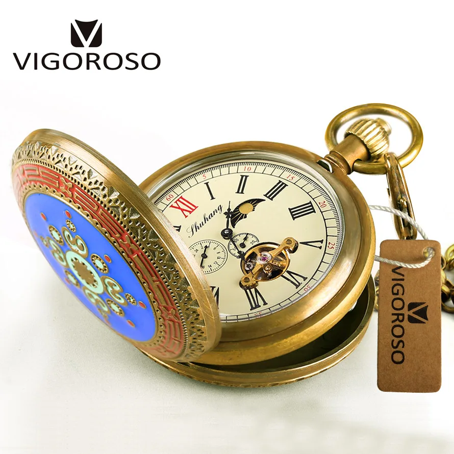 Retro starožitné vinobranie čisto meď Mechanické vreckové hodinky Double Hunter Tourbillon Pocket Watch Reloj Fob Watch Luxury Men W/Box