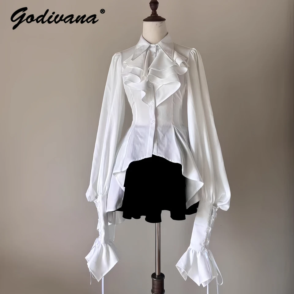 Retro súdny štýl šikmé hojdacie tričko Lolita zavrčané dlhým rukávom Gothic čierna a biela košeľa dámske blúzky Tops