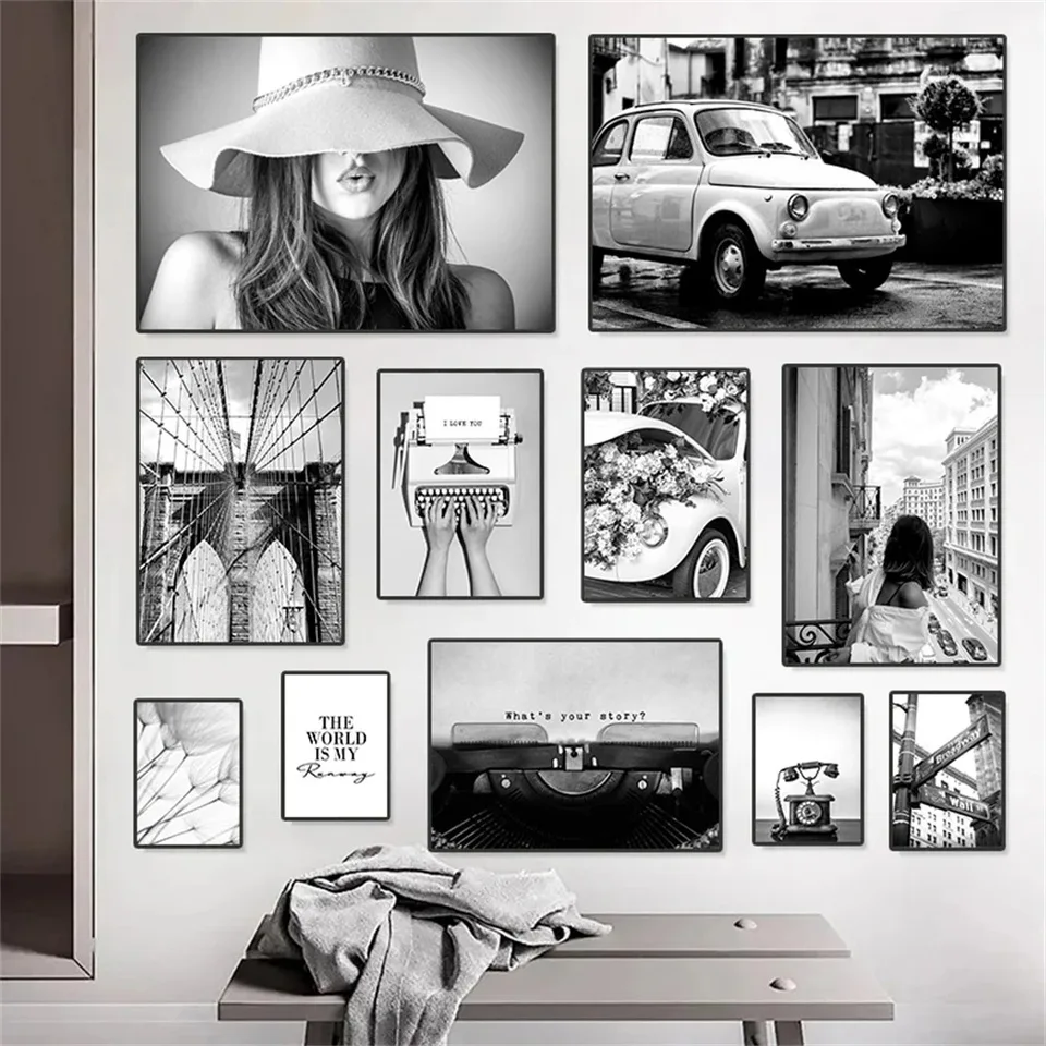 Retro telefónny písací stroj automobil olejomaľba čierna biela plagát Fashat Girl Art Canvas maľba maľba Nordic Wall Art Home Decor