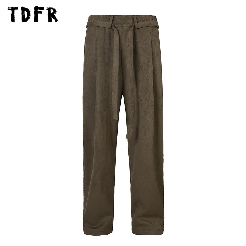 Retro tuhé farebné semišové nohavice pánske vrecko Cast Autumn Winter Loose Loose Elastic Elastic Shour nohavice Men