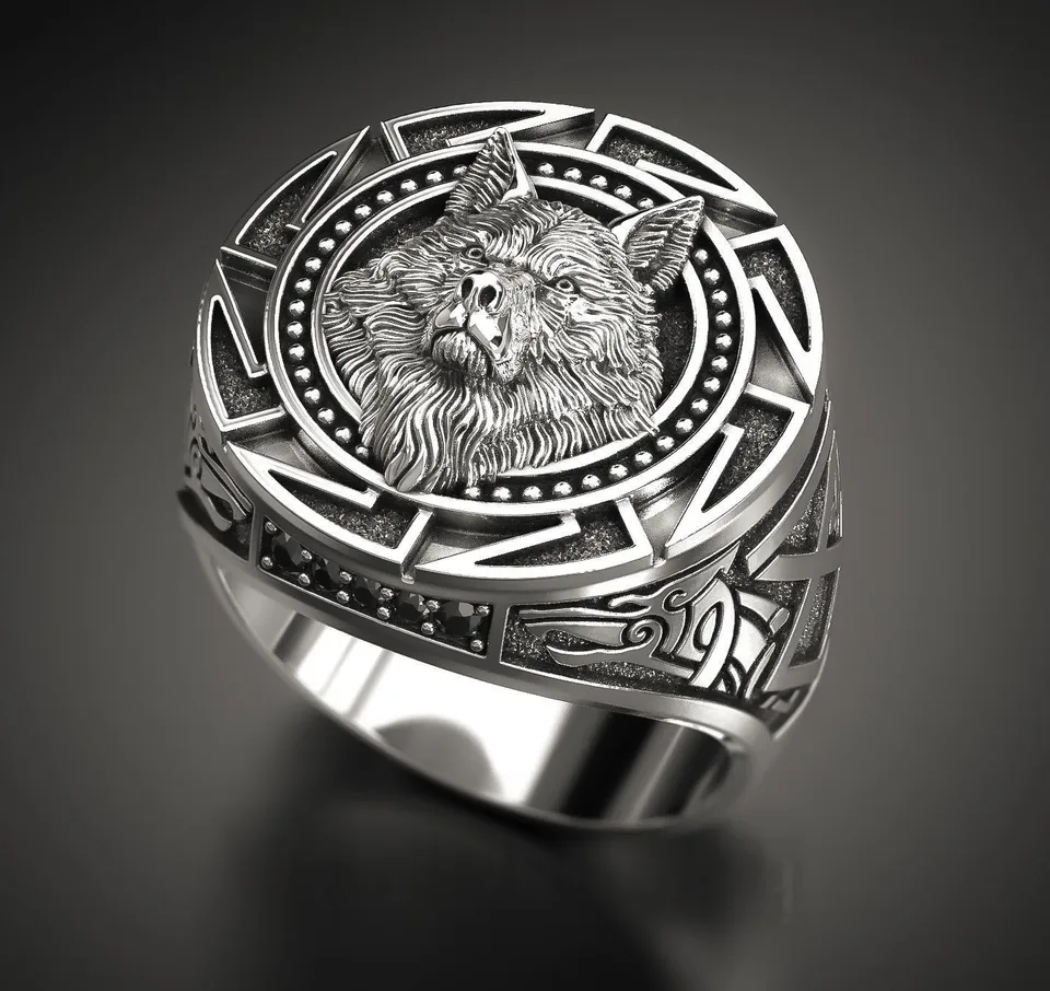 Retro vlk totem Nordic Mytology Viking Warrior Wolf Head Men Ring Geometrický dizajn prispôsobiteľné veľkosti
