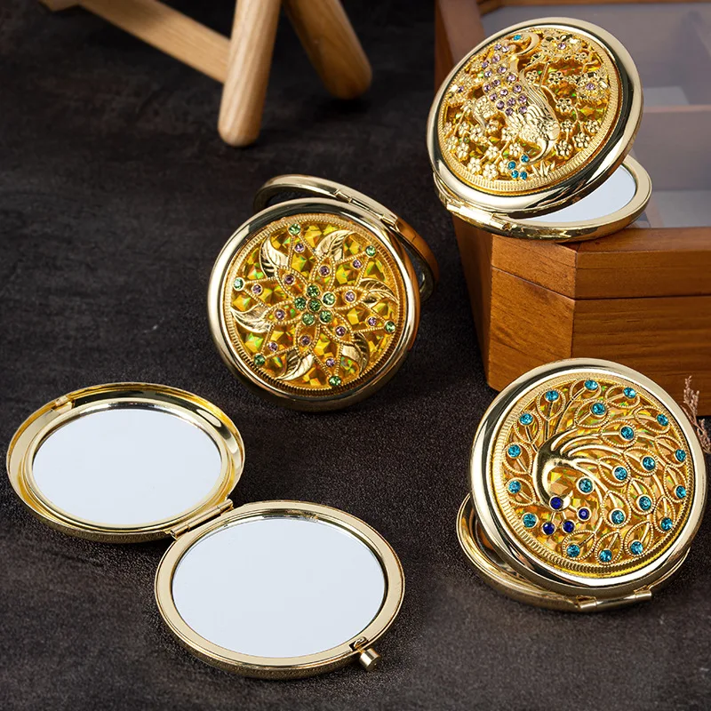 Retro zlaté kovové vreckové zrkadlo Kompaktné kozmetické vintage zrkadlá Zlaté kryštálové prenosné make -up márne kozmetické nástroje
