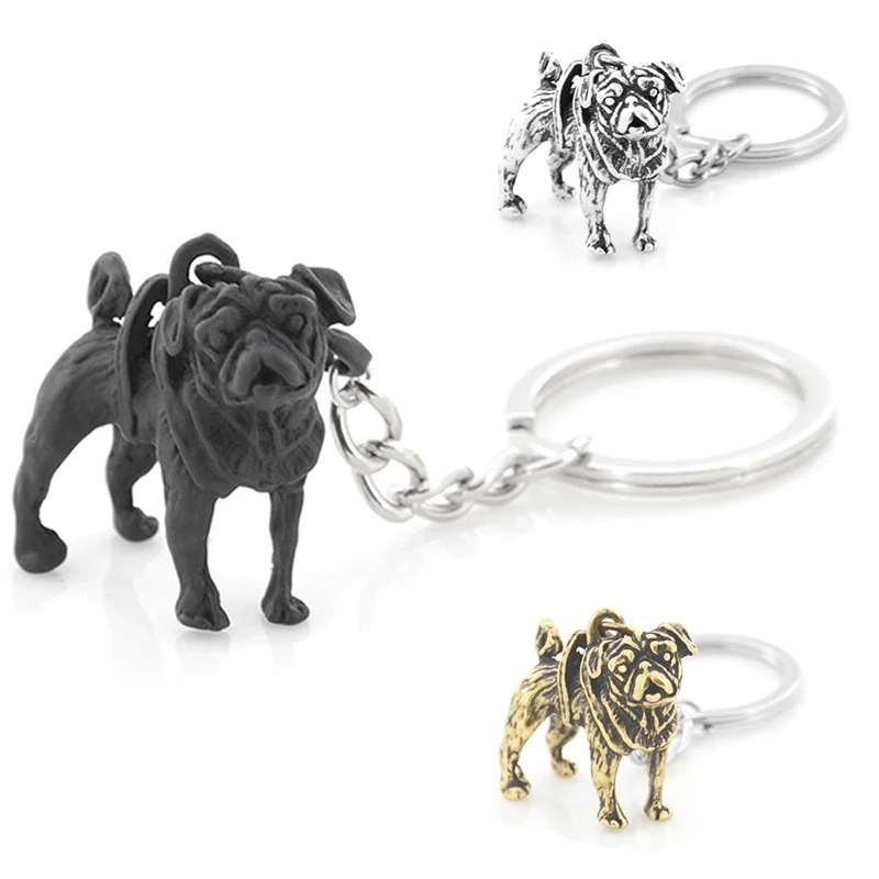 Retro čierny mops keychain vintage strieborný psie psie zviera kľúče retiazka kľúče kľúče kúzlo šarmum muž dieťa milenec darček