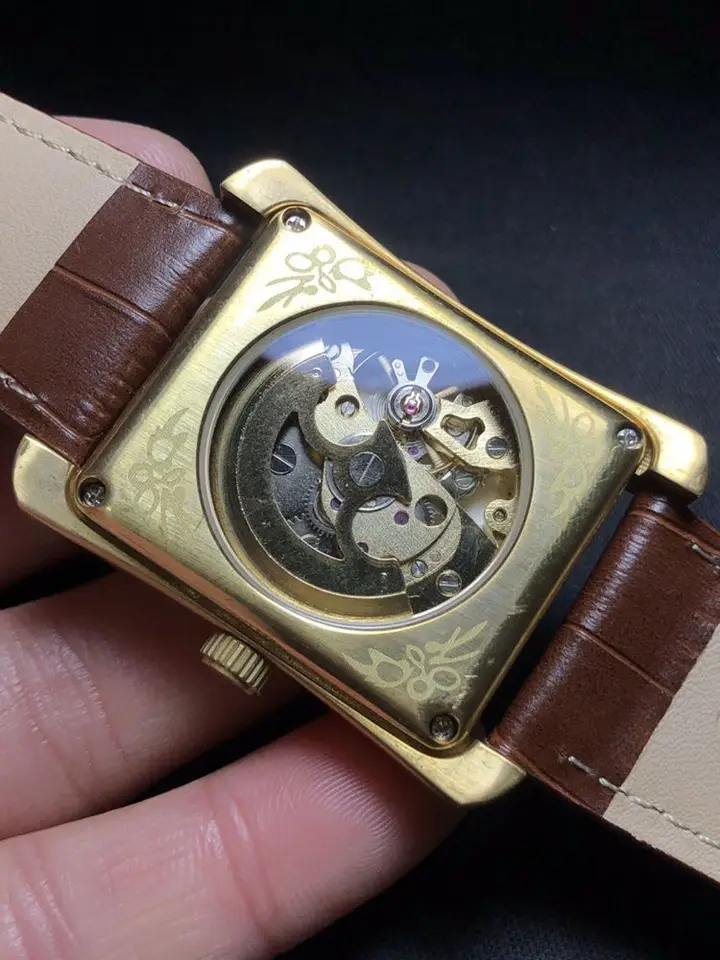 Retro čisté automatické mechanické hodinky pre mužov medi, mosadzný pohyb, obdĺžnikový cifer