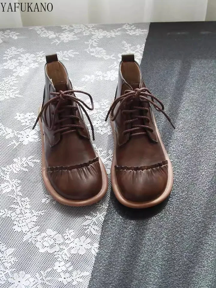 Retro šnurovanie skladaných okrúhlych špičiek krátky topánky Mori Girl Literárne retro byty členkové topánky Ručne vyrábané mäkké jediné pohodlie príležitostné topánky