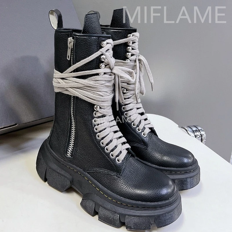 Retro šnurovanie v polovici kalianskeho okrúhle topánky na topánky na topánky Ženy krížom zviazané zips Originálne kožené vintage topánky Dámske Platforma Knight topánky