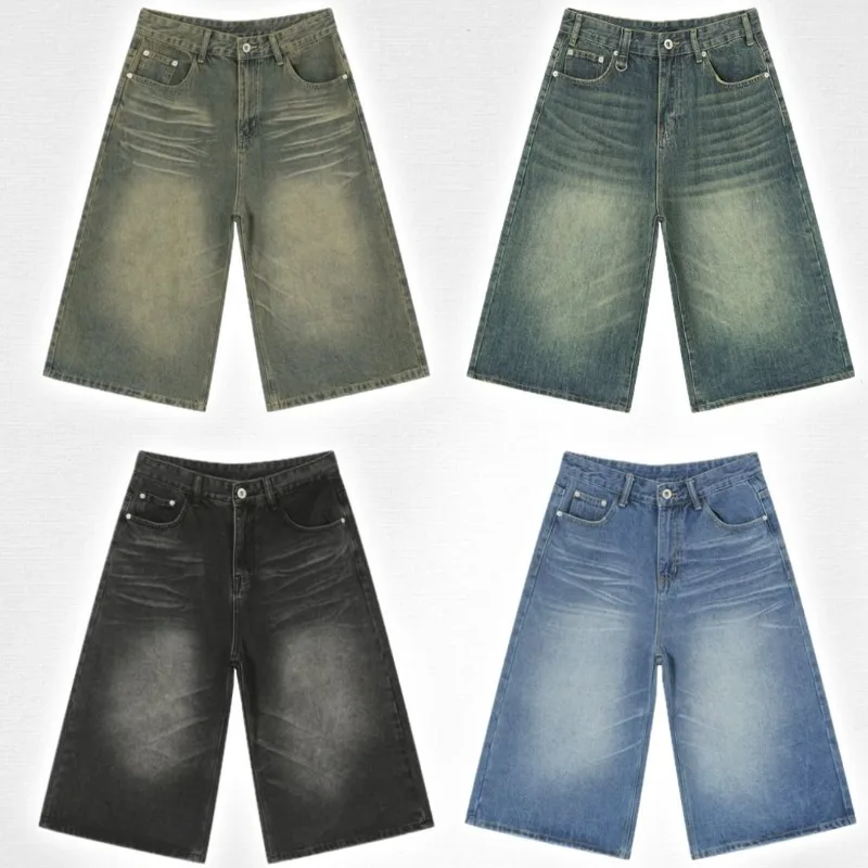 Retro štýl Baggy Jeans Y2K Streetwear Hip Hop Hop Cast Fashion Men Džínsy voľný priamy valec orezaný šortky unisex verzia