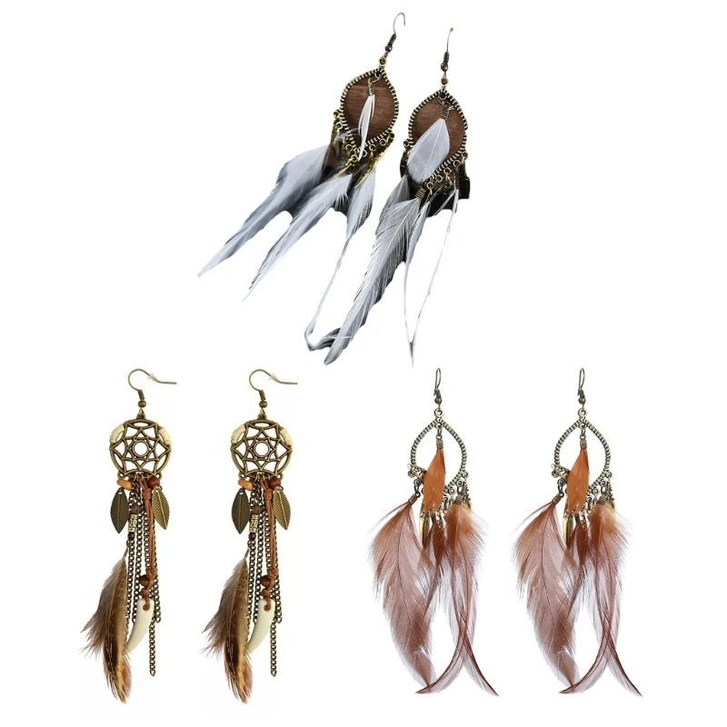 Retro štýl Dreamcatcher korálky Danglery dlhé náušnice z peria Čechia etnické vinobranie kúzlo boho sviatočné šperky
