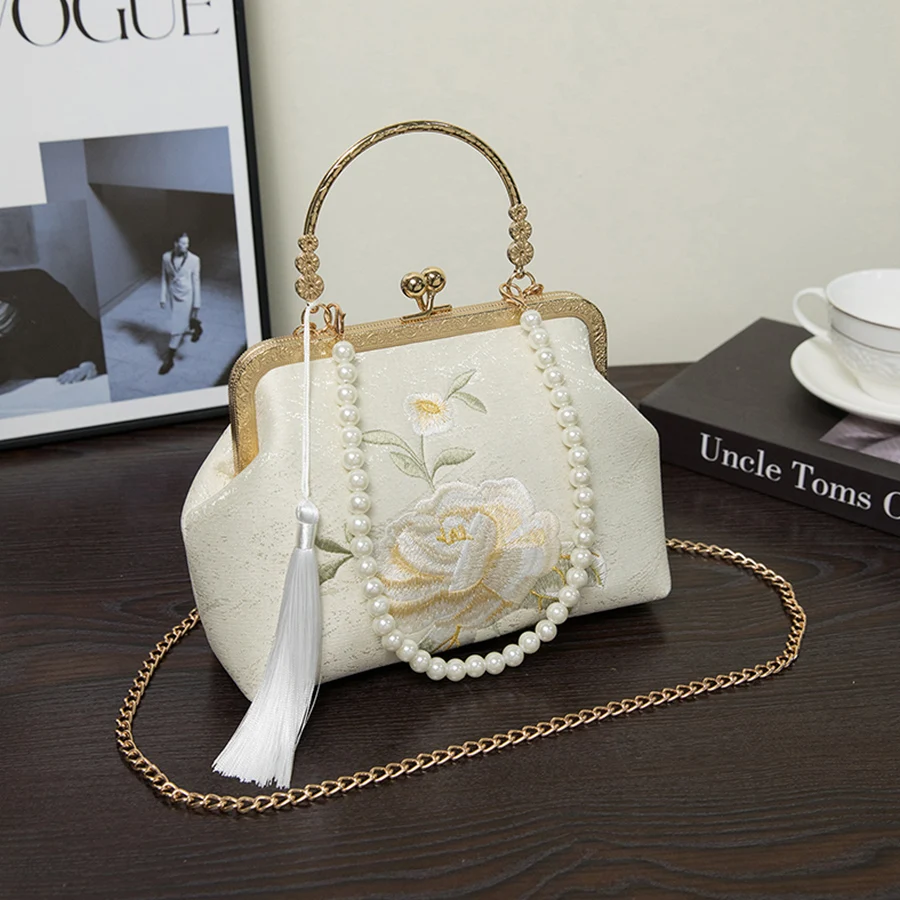 Retro ženy kvetinové výšivky večerné klip SHELL SPLIP LUXURY Večer kabelky kabelka Pearl Chains Ramela