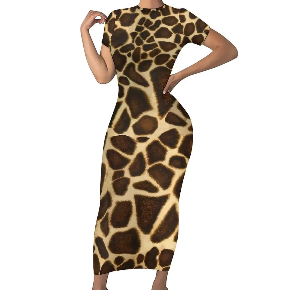 Retro žirafové tlačené šaty s krátkym rukávom hnedé zviera estetické maxi šaty moderné šaty Bodycon šaty dámske dizajnérske oblečenie